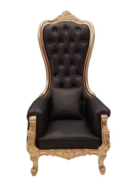 High Back Chair - HighBack Baroque Chair - Queen Throne Black Leather Gold  Frame