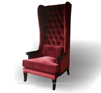 Indonesian Mahogany Chair Furniture of High Back Chair Furniture Design  With Wine Color Fabric Chair.