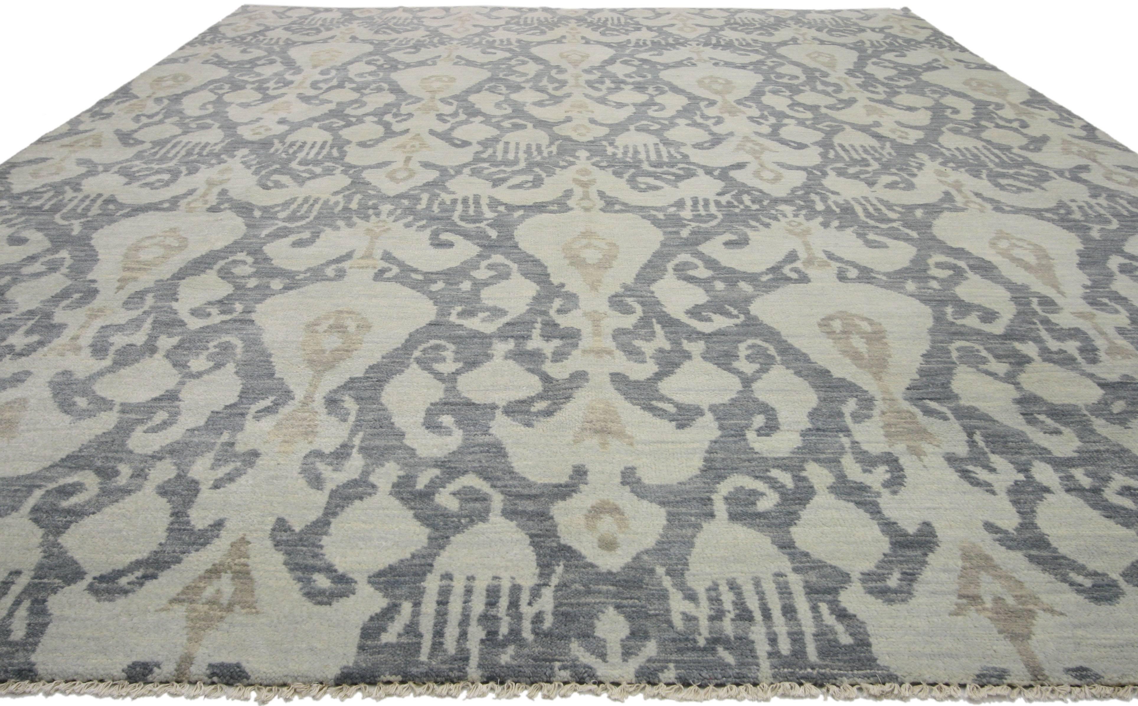 Indian New Modern Transitional Ikat Style Area Rug, Gray-Blue Ikat Rug For  Sale