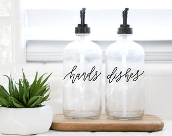HANDS + DISHES | calligraphy clear soap dispenser set | farmhouse kitchen |  modern kitchen | industrial kitchen | kitchen decor