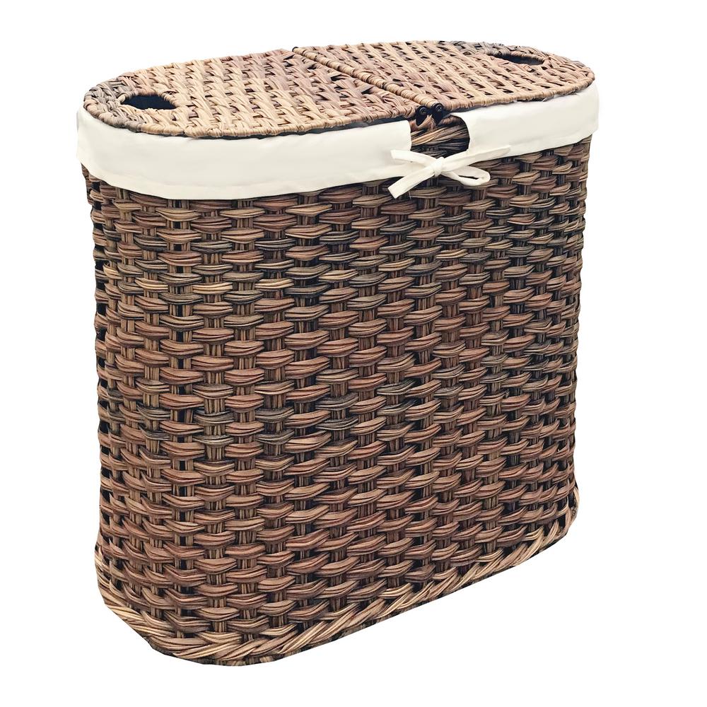 Seville Classics Mocha Hand-Woven Oval Double Laundry Hamper with Removable  Liner
