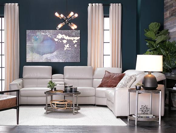 transitional Living Room with Kristen Silver Grey 6 Piece Power Reclining  Sectional