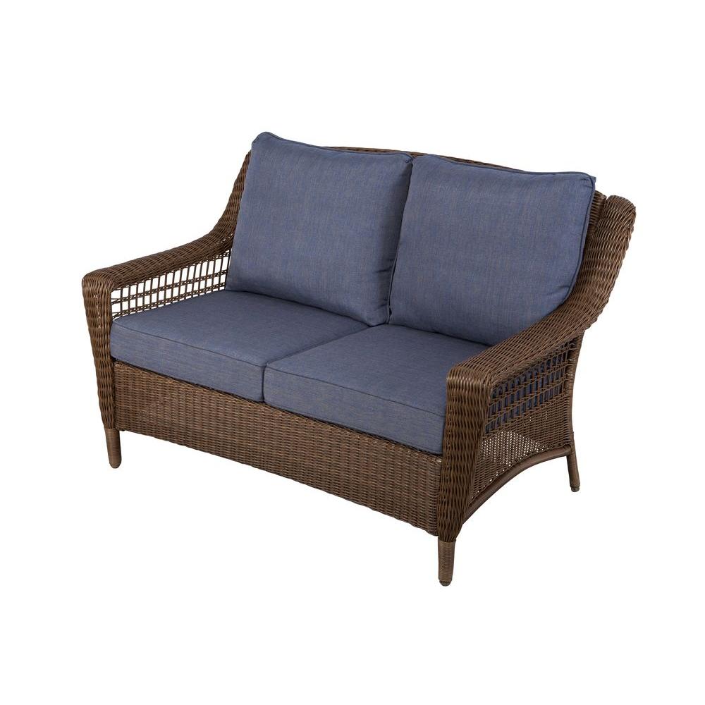Spring Haven Brown All-Weather Wicker Outdoor Patio Loveseat with Sky Blue  Cushions