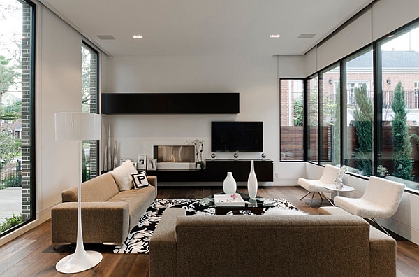 View in gallery Smart combination of white decor with floating black shelves