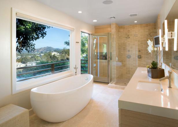 Contemporary Bathroom Features Freestanding Tub & Shower for Two