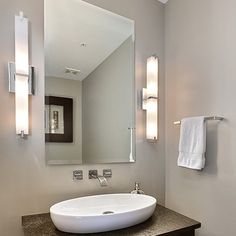 Modern Bathroom Lighting Ideas · Rectilinear shaped light bar with  multi-layered white glass or white acrylic diffuser (not