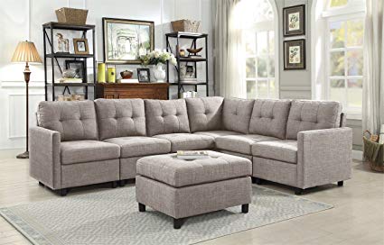 7-Pieces Indoor Modular Sectional Sofas with Storage Ottoman Set Gray