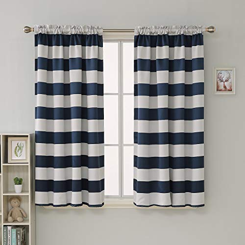 Deconovo Navy Blue Striped Blackout Curtains Rod Pocket Nautical Navy and  Greyish White Striped Curtains for