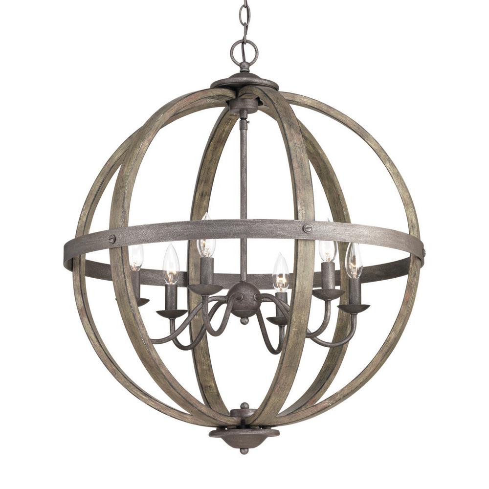 6-Light Artisan Iron Orb Chandelier with Elm Wood Accents