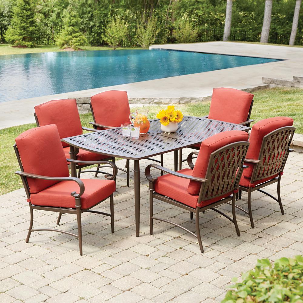 Hampton Bay Oak Cliff 7-Piece Metal Outdoor Dining Set with Chili Cushions