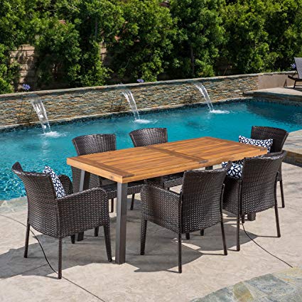 Traveller Location: Great Deal Furniture | Delgado 7-Piece Outdoor Dining Set |  Wood Table w/Wicker Chairs | in Multibrown: Garden & Outdoor