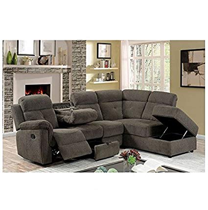 AVIA Sectional Reclining Sofa w Drop Down Console Storage Chaise Padded  Arms Grey Linen Fabric Living