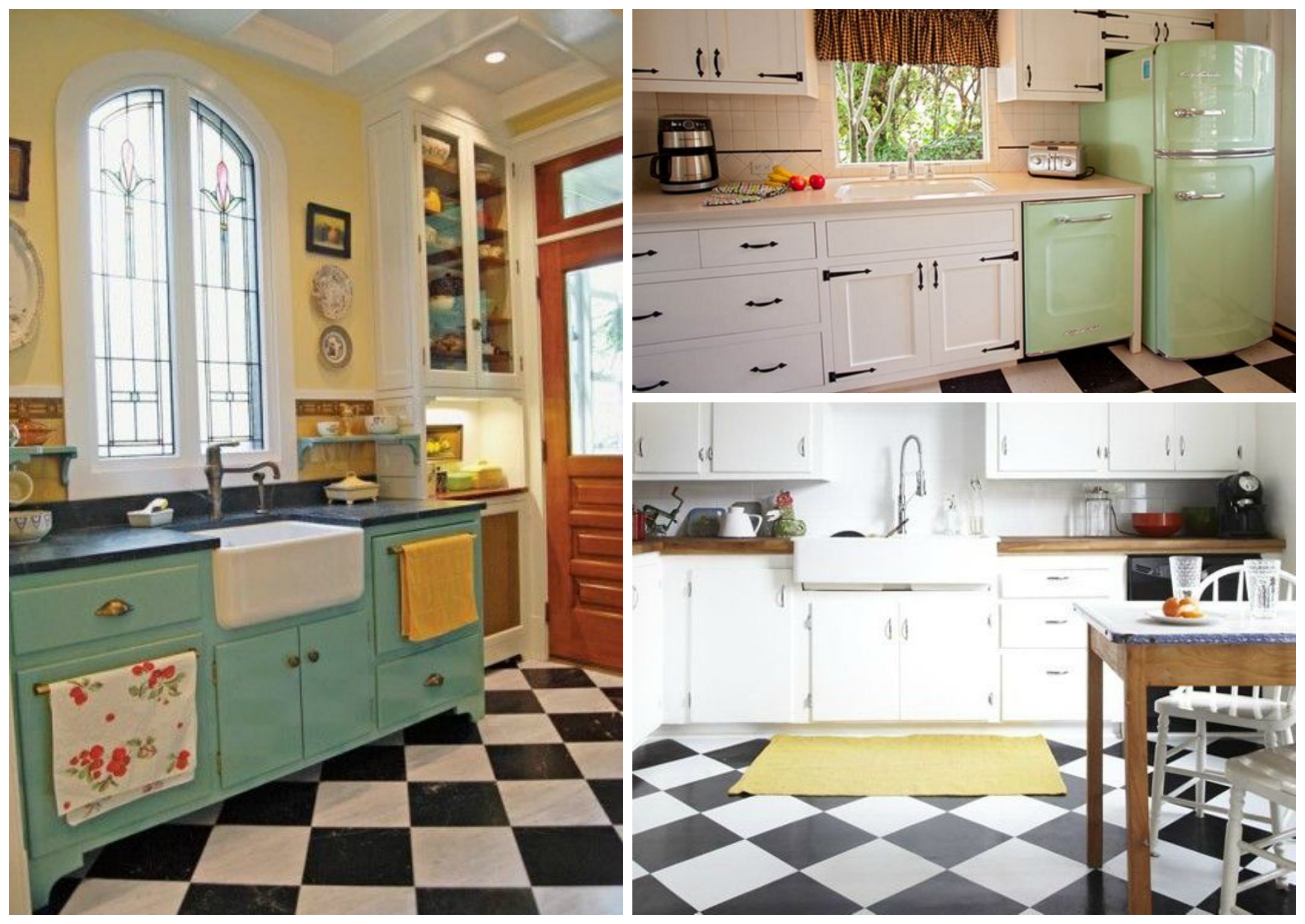 If creating a true retro kitchen, a checkered tile floor is an absolute  must. A classic and timeless option would be to stick with a black and  white color