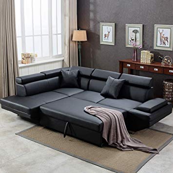 Traveller Location: Corner Sofa Set, 2 Piece Modern Contemporary Faux Leather Sectional  Sofa Black: Kitchen & Dining