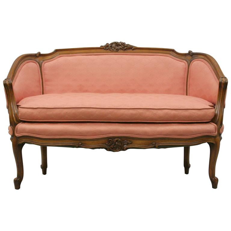 Small French Country Louis XV Style Carved Walnut Pink Settee Loveseat  Petite For Sale