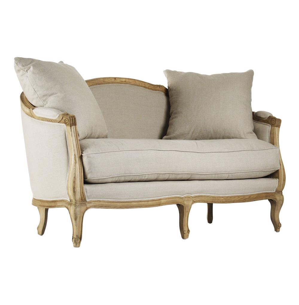 Rue du Bac French Country Natural Linen Feather Settee Loveseat | Kathy Kuo  Home