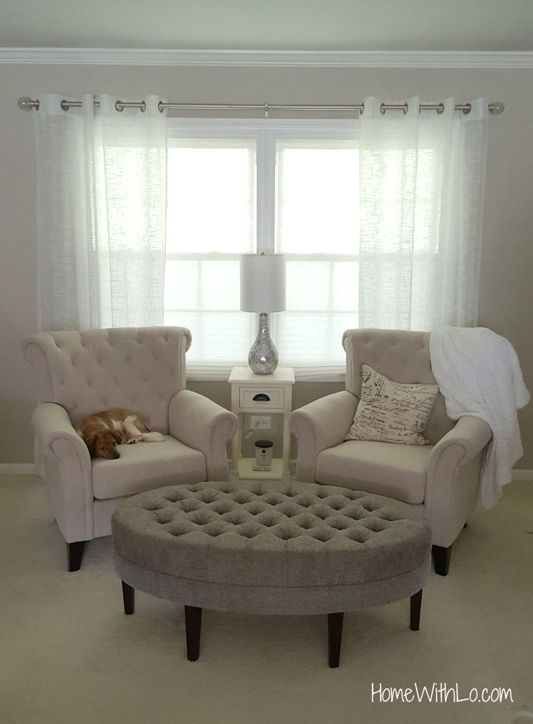 Double tufted arm chairs with tufted ottoman for a formal sitting room.  Great little reading/coffee nook for the morning! More information  including source