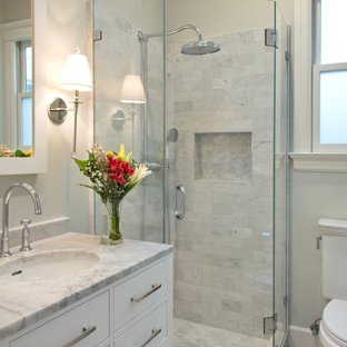 Corner shower - small transitional gray tile and stone tile marble floor  corner shower idea in