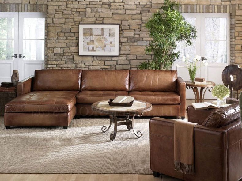 Furniture: Small Leather Sectional Sofa Design With Brown Leather Sofa,  Tile Decoration Wall, And Wooden Floor, Best Rated Leather Sectional Sofas,