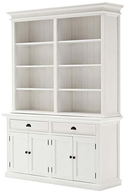 NovaSolo Halifax Pure White Mahogany Wood Hutch Bookcase With Storage And 2  Drawers