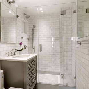Example of a small transitional master white tile and subway tile mosaic  tile floor alcove shower