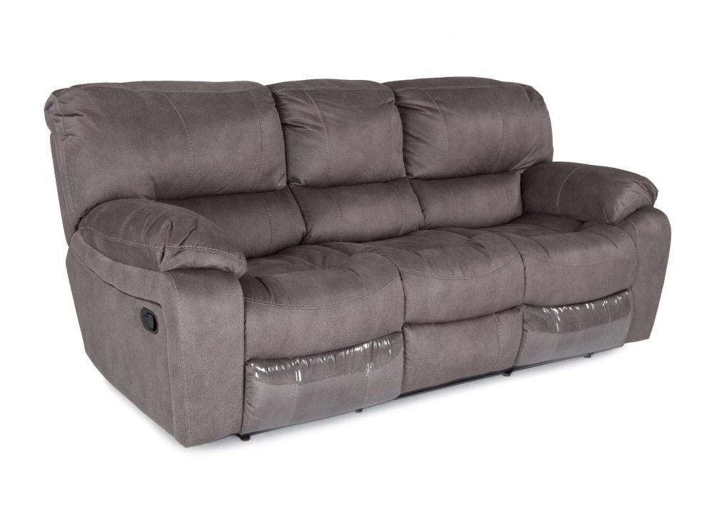 Angled view of 3 seater grey suede reclining Bradford sofa