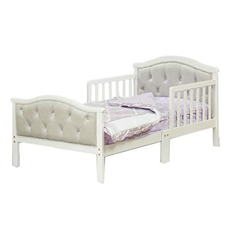 Traveller Location : Toddler Bed with Soft Tufted Headboard, Kids Wood Bed Frame  with Half Side Rails : Baby