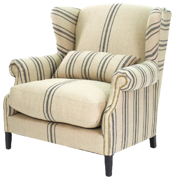 Napoleon French Fog Linen Blue Stripe Wingback Arm Chair