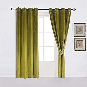 Super Soft Luxury Velvet Moss Green |olive GreenSet of 2 Thermal Blackout  Curtain Panel Drapes