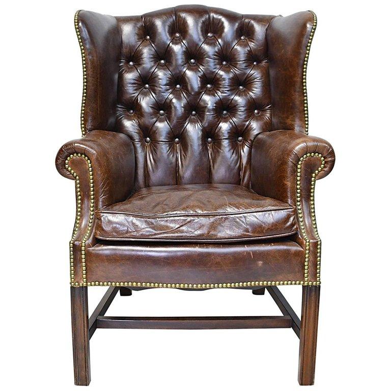Vintage Chesterfield Wing-Back Chair with Tufted Brown Leather For Sale