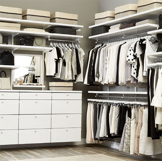 White Elfa Décor Closet with Drawer Fronts