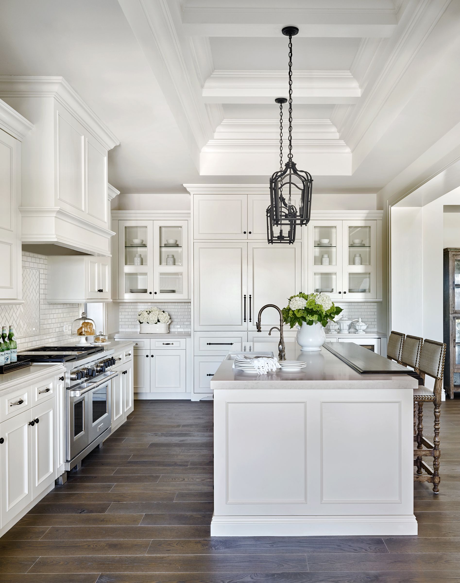 White Raised Panel Kitchen Cabinets with White Mini Subway Tile Backsplash  Kitchens With White Cabinets,