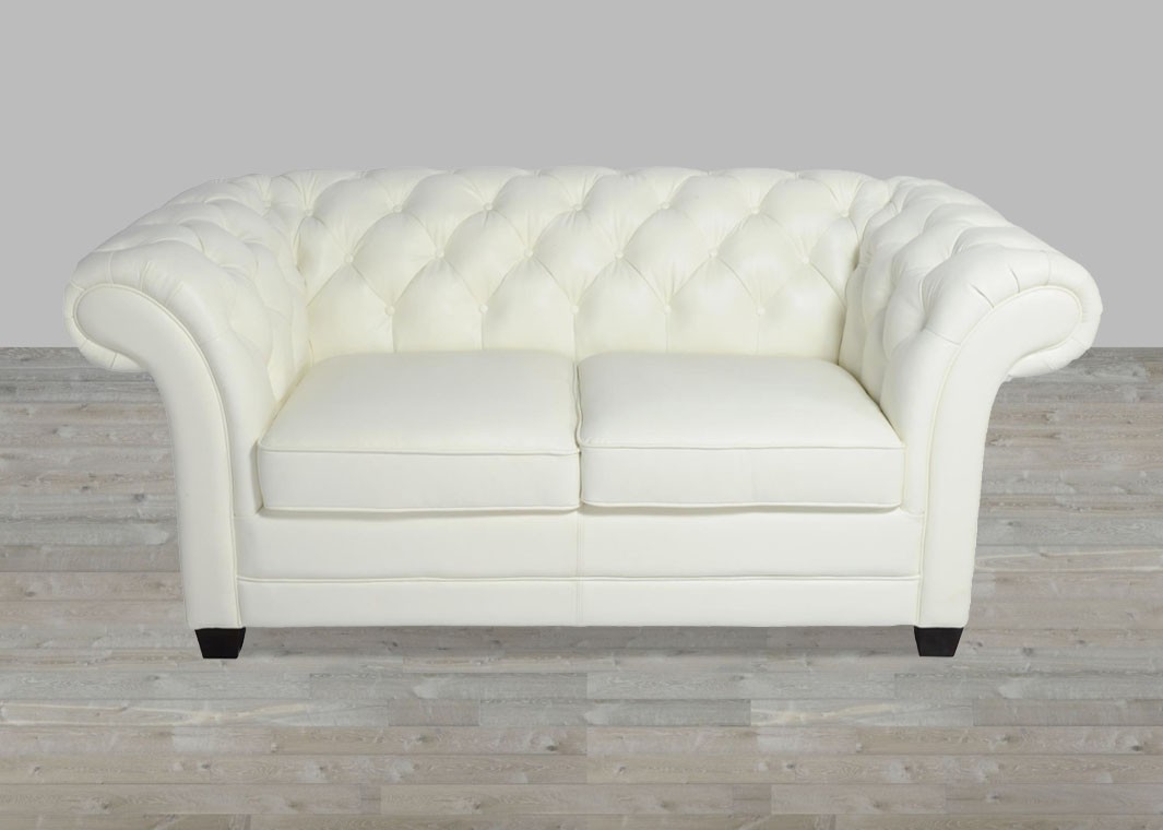 White 100% Top Grain Leather Chesterfield Loveseat Button Tufted