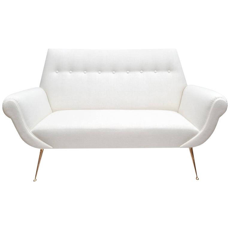 Mid-Century Modern White Sofa by Gigi Radice for Minotti with Solid Brass  Legs For