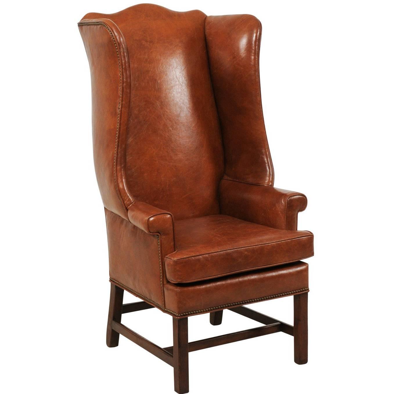 Vintage English Midcentury Brown Leather Wingback Chair with Brass Nailhead  Trim For Sale at 1stdibs
