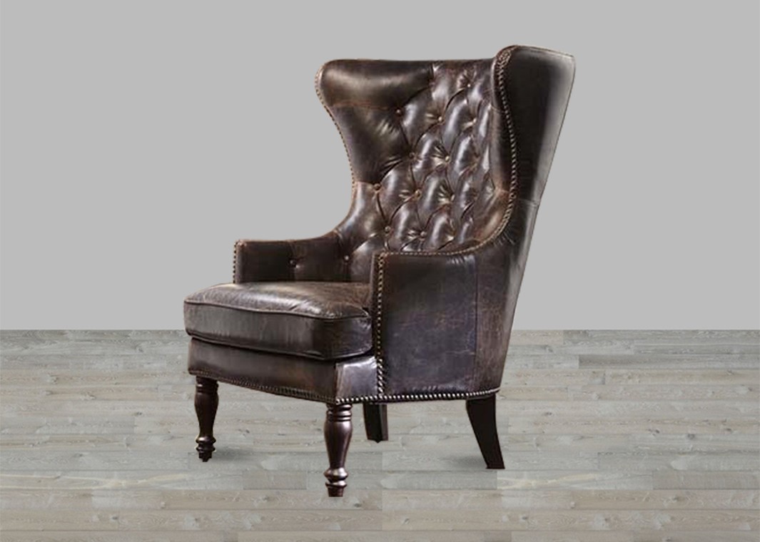 Brompton Chocolate Leather Sedgefield Collection Vintage Wing Back Tufted  Back Chair