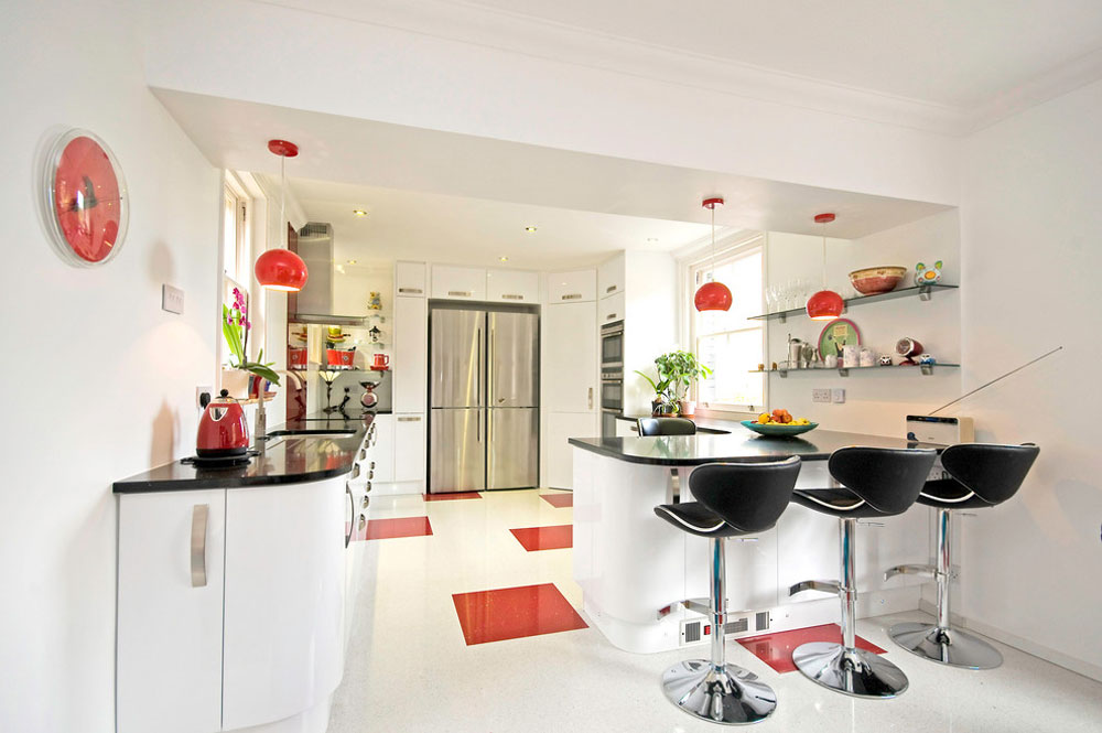 Seating-at-breakfast-at-roots-kitchen-bedroom-bathroom Red kitchen design: ideas, walls and decor