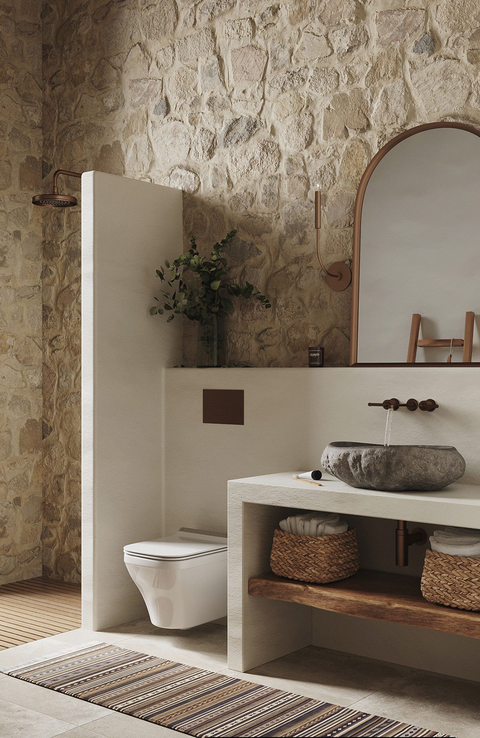 A Rustic Meets Boho Interior With Authentic Stone Feature Walls | Bathroom Interior Design
