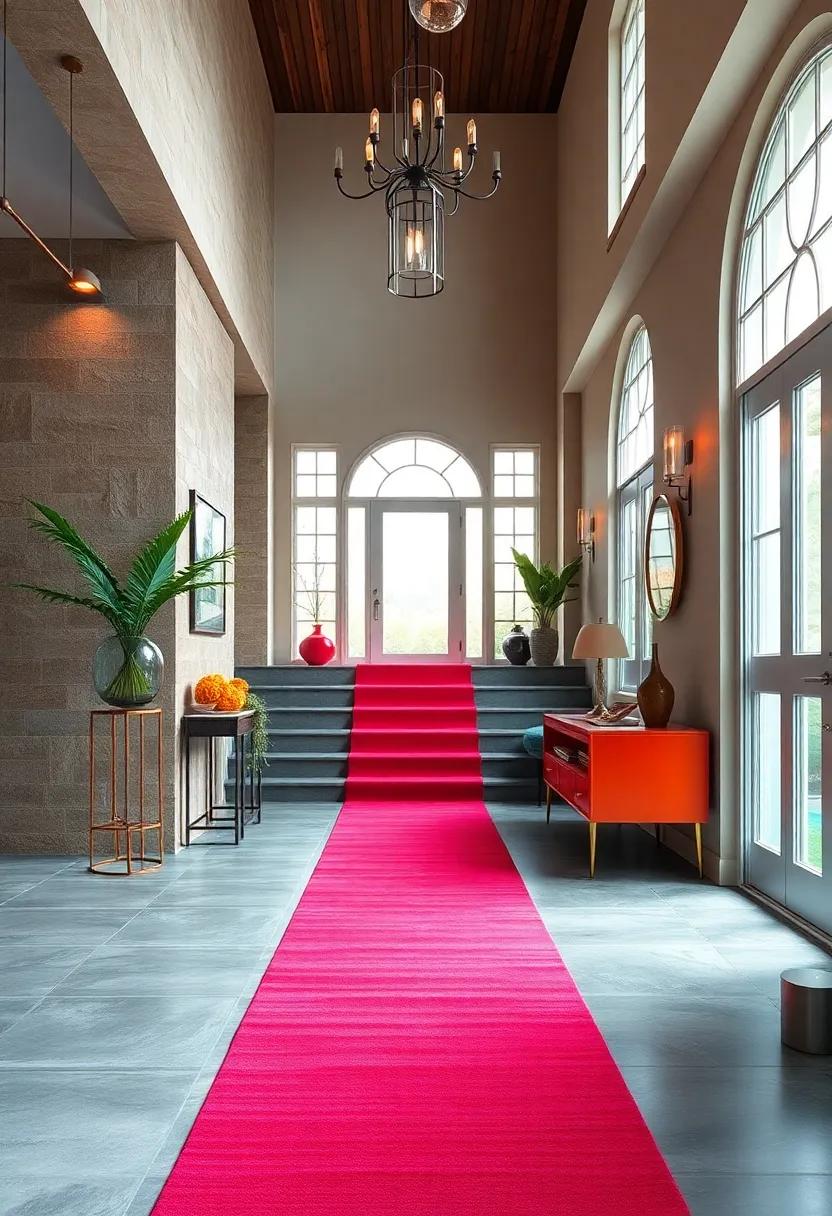 Bright Colored Stair Runners Creating a Dramatic Path Leading Guests Through a Boldly Designed Entry