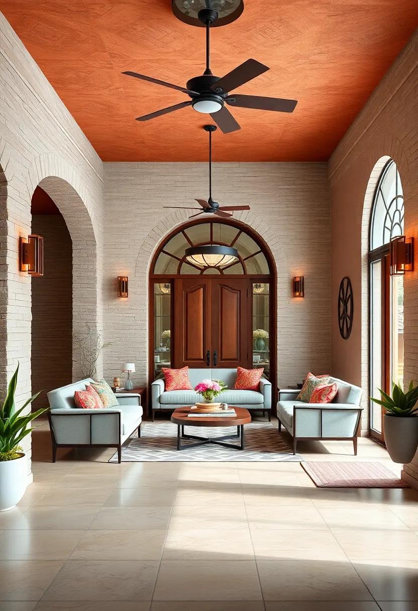 Decorative Bold-Colored Ceiling Fans and Wall Sconces That Energize the Entryway Atmosphere