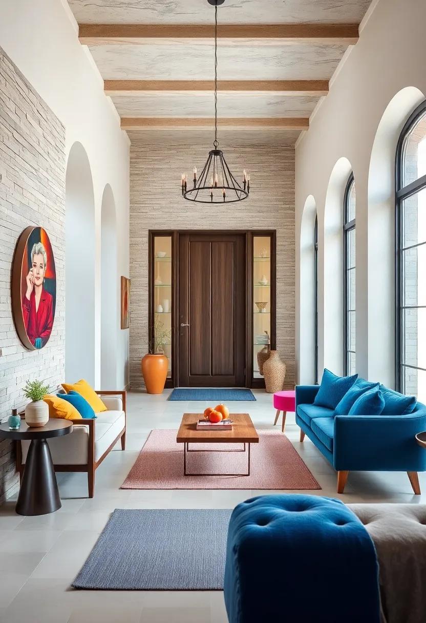 Layered Textiles in Vibrant Colors Enhancing Comfort and Style in Bold Entryway Designs