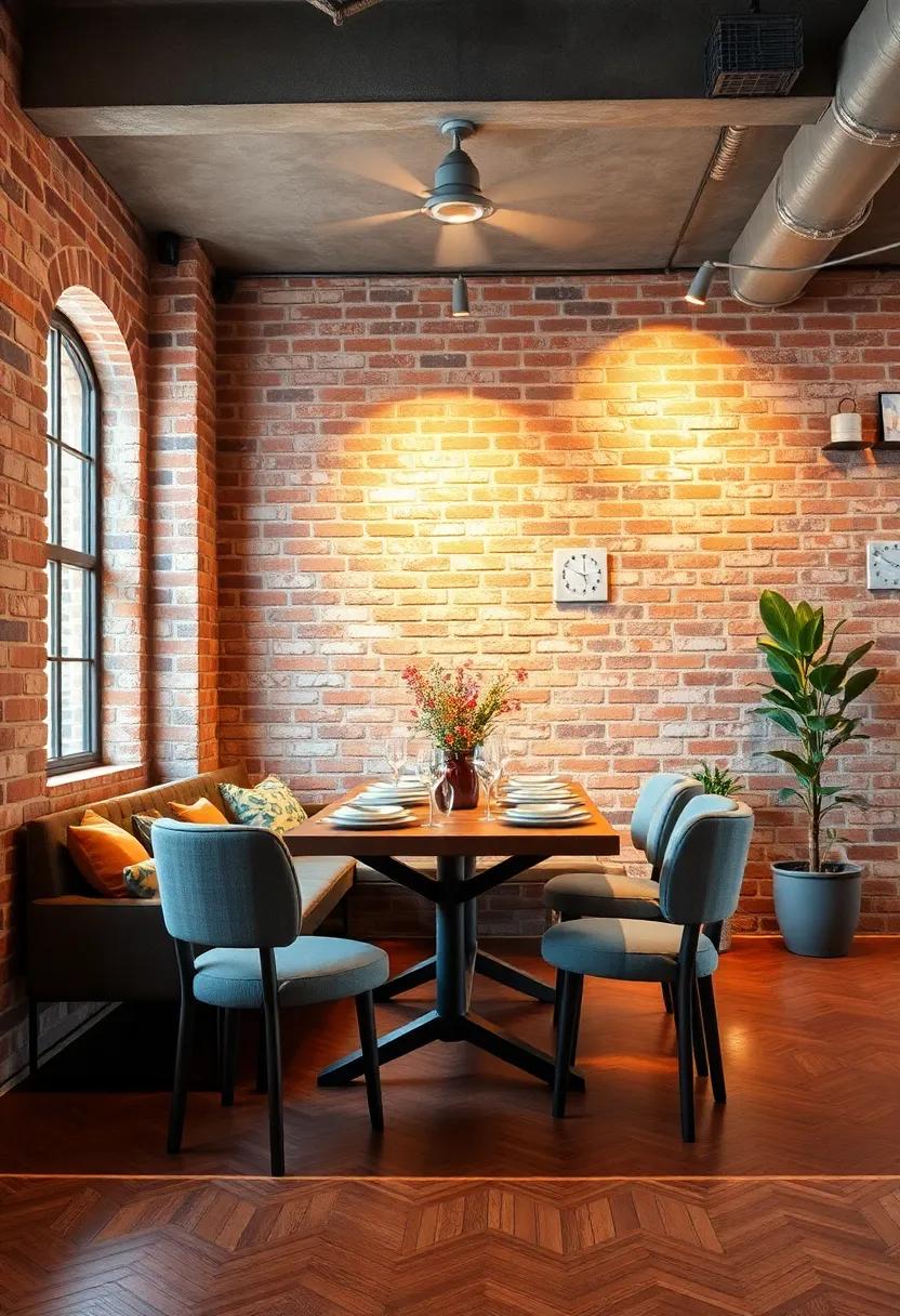The Warm Glow of Exposed Brick Walls Bathed in Soft Industrial Lighting for a Cozy Dining Scene
