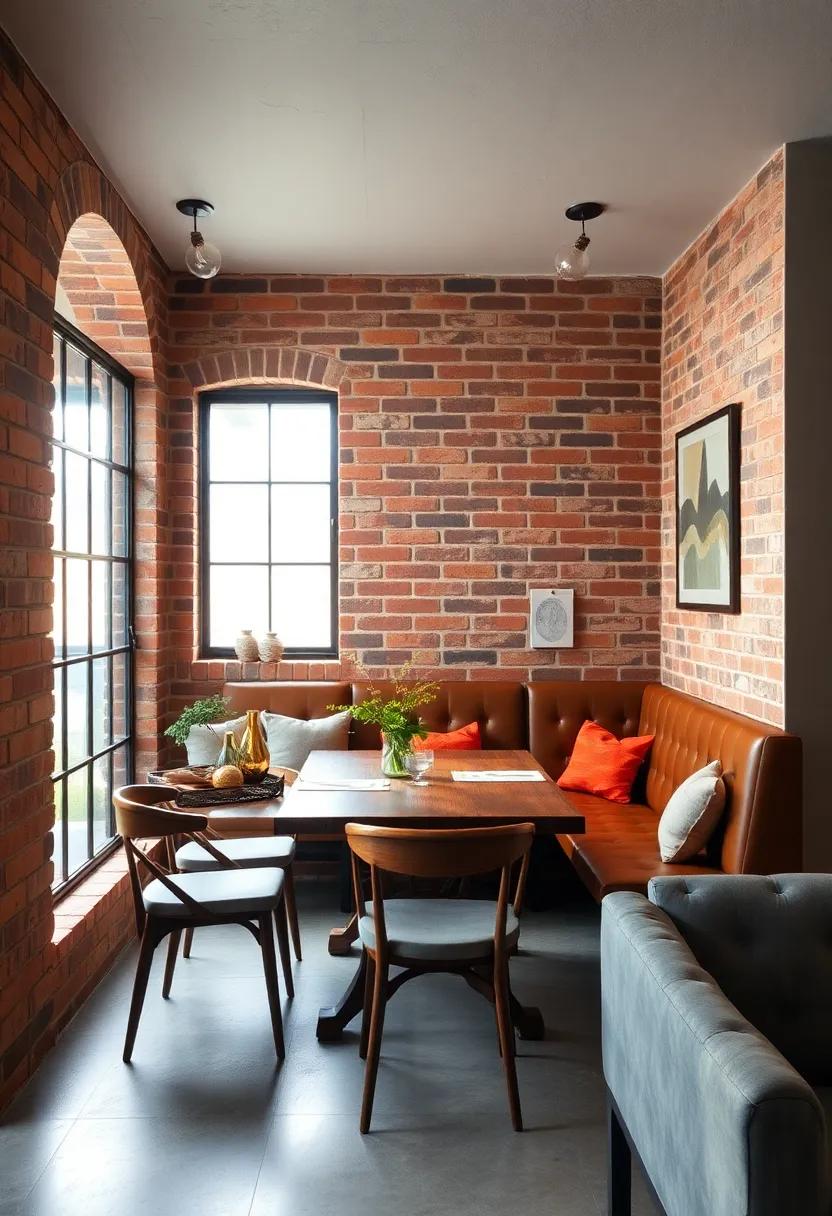 Cozy Industrial Dining Nook with Comfortable Leather Bench Seating Along a Dramatic Brick Feature Wall