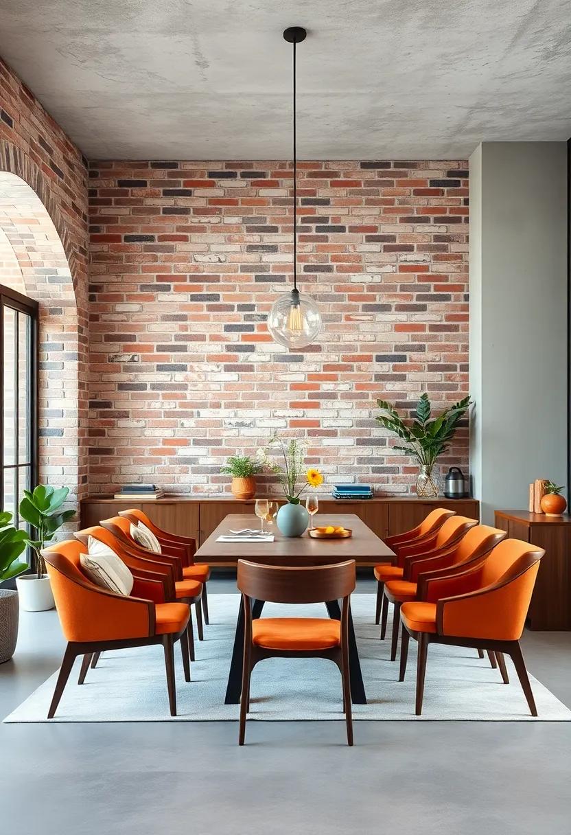 A Minimalist Industrial Dining Room Featuring a Bold Brick Accent Wall and Streamlined Furniture