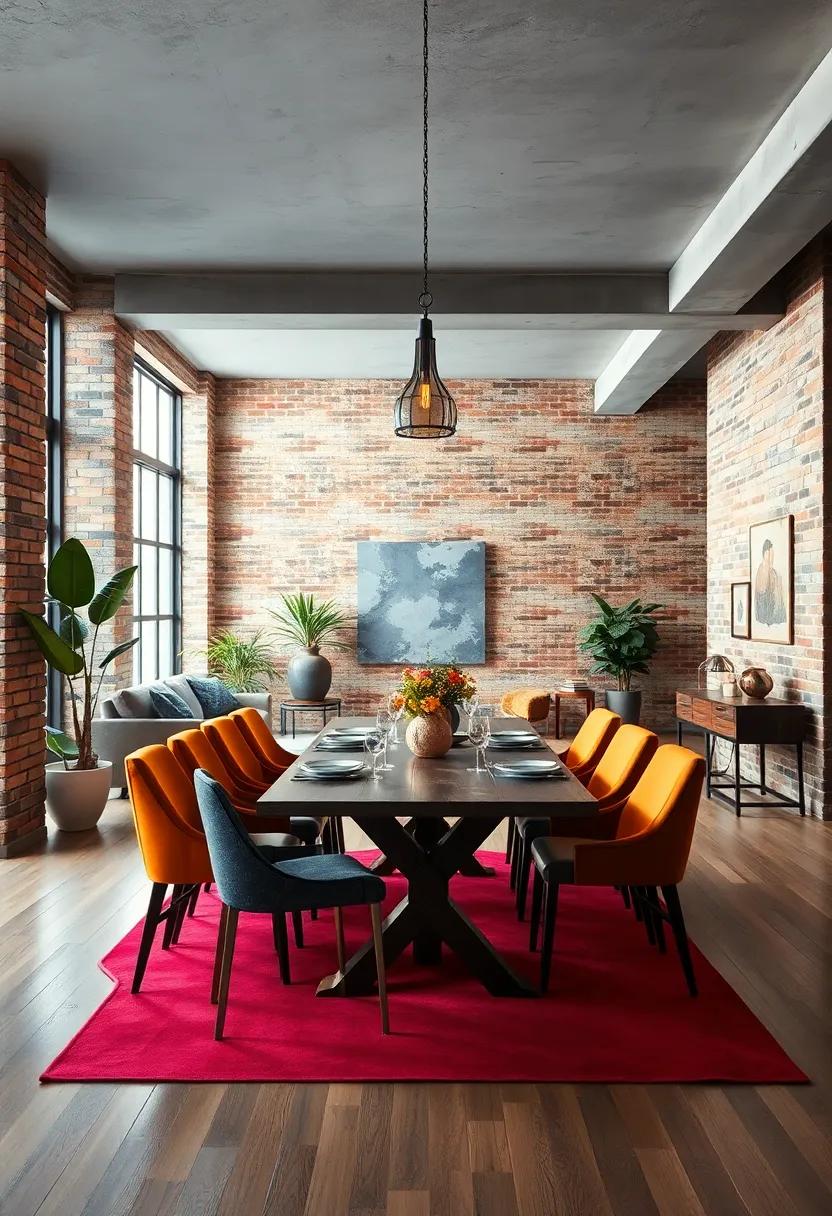 An Open-Concept Industrial Dining Area Highlighting Brick Walls and Raw Concrete Elements for Urban Vibe