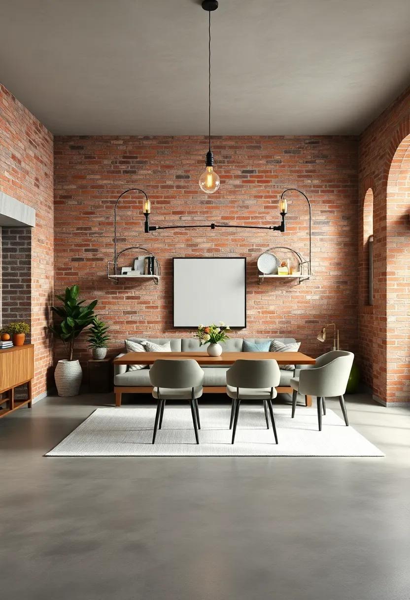 Soft Rug Layers Over Concrete Floors with Brick Walls and Industrial Pendant Lights Creating Warmth