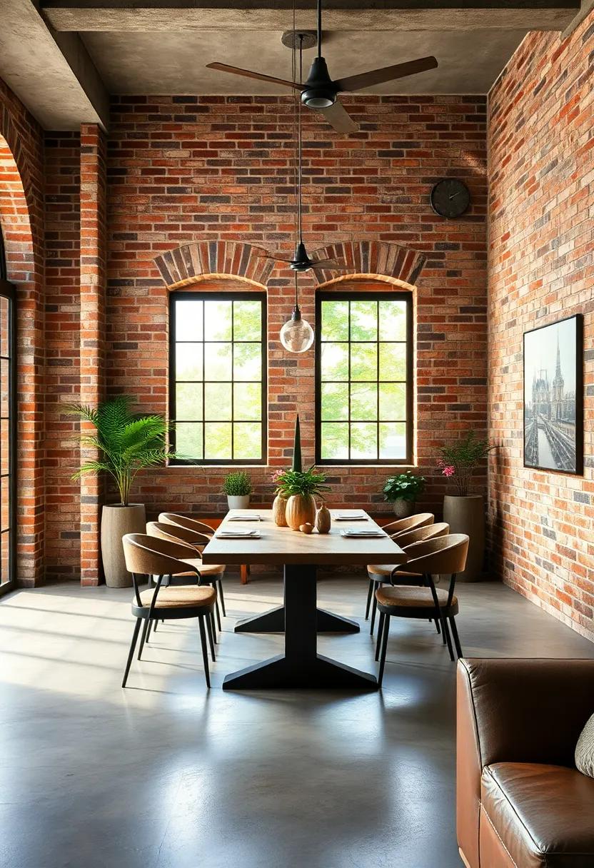 Incorporating Large Industrial Windows Illuminating Textured Brick Walls and Metallic Elements in Dining Space