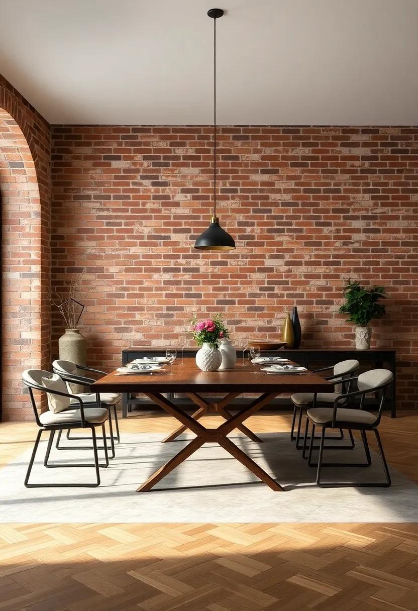 A Refined Industrial Dining Table Set Against a Backdrop of Aged Brick Walls and Subtle Metal Accents