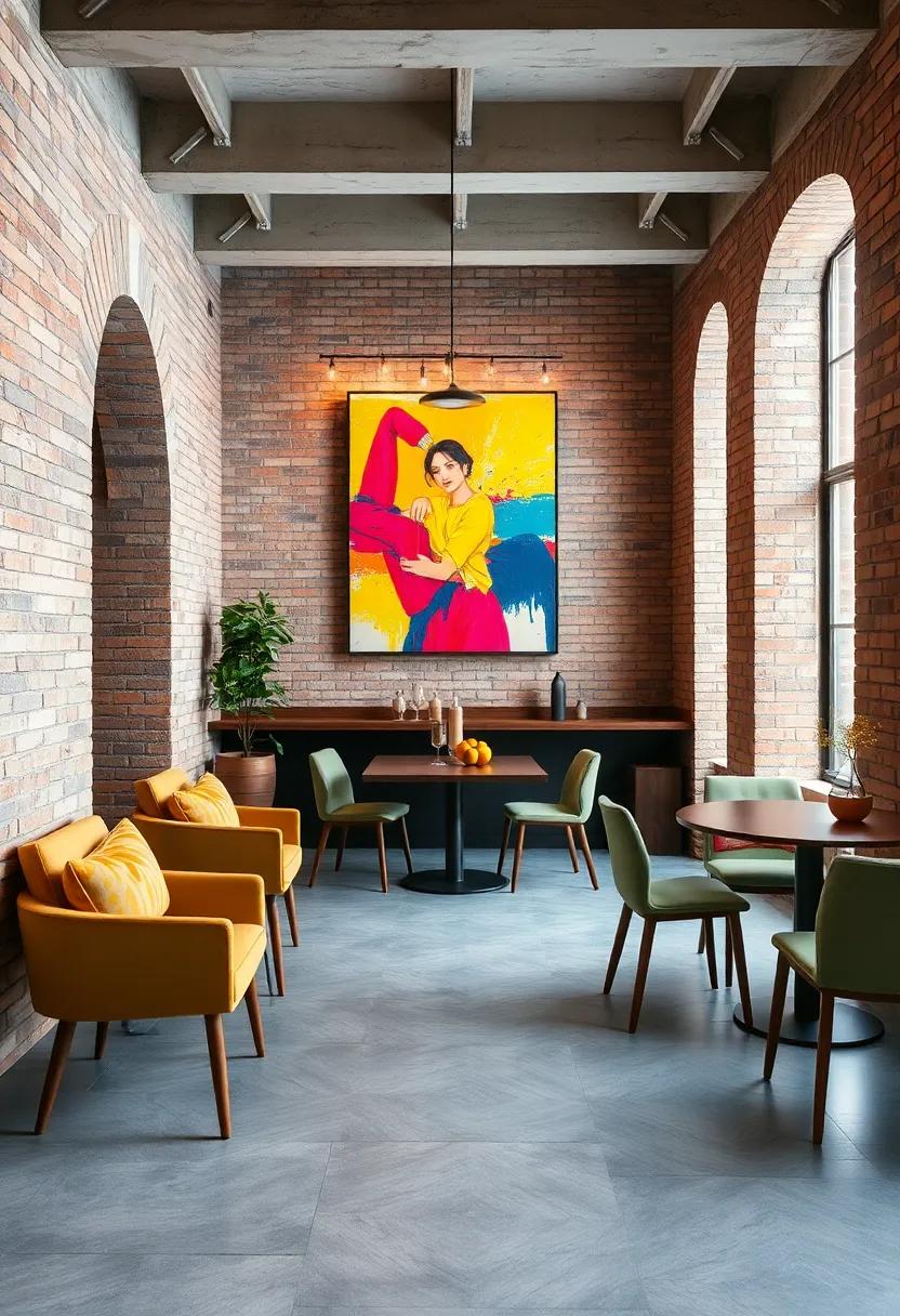 Bold Use of Color Contrast Between Vibrant Art and Neutral Brick Wall Textures in an Urban Dining Setting