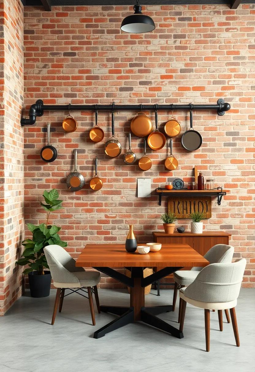 A Collection of Hanging Copper Pots and Pans on Industrial Pipe Racks Set Against Warm Brick Walls